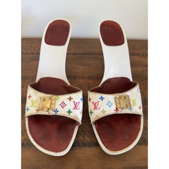 Louis Vuitton Y2K Murakami White Multicolor LV Buckle Mule Sandals Heels EU 40 - Picture 1 of 14